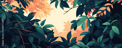 Dense green and orange foliage surrounding sunlit sky in vibrant nature scene.
