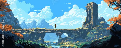 Solitary figure on ancient stone bridge amidst mountains, blue sky, and towering ruins.