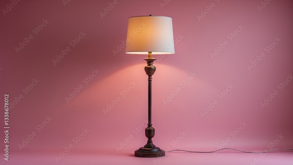 Elegant standing lamp with a white shade on a curved bronze base, positioned to the left against a soft pink background, enhancing room decor. Elegant standing lamp with a white shade on a curved bronze base, positioned to the left against a soft pink background, enhancing room decor.