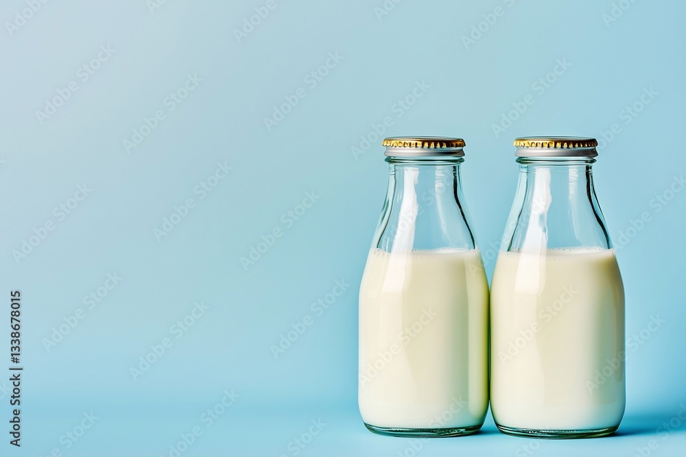 Fresh Milk in Clear Glass Bottles on a Smooth Blue Background Highlighting Dairy Freshness and Simplicity Generative AI Fresh Milk in Clear Glass Bottles on a Smooth Blue Background Highlighting Dairy Freshness and Simplicity Generative AI