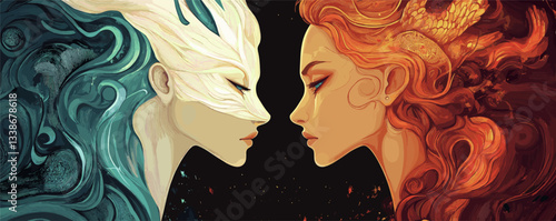 Two mythical women facing each other: elemental ice and fire with intricate details.