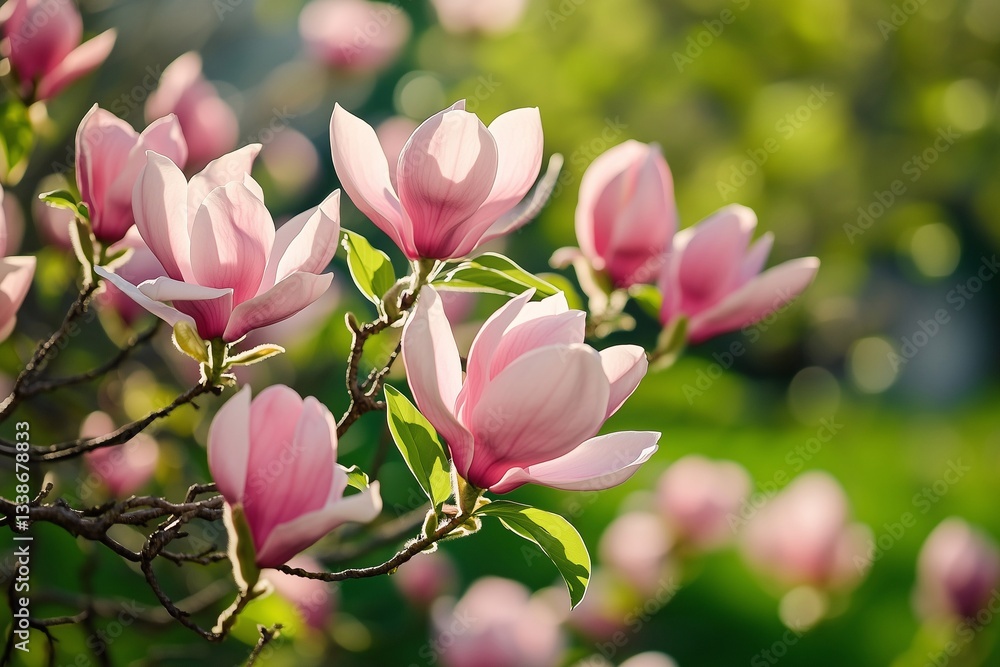Fototapeta premium Blooming Magnolias Fill the Garden With Vibrant Colors During Springtime Generative AI