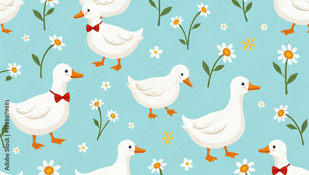 Fototapeta premium wn geese chamomile blue background funny goose tie bow spring summer background trendy print fabric vector flat