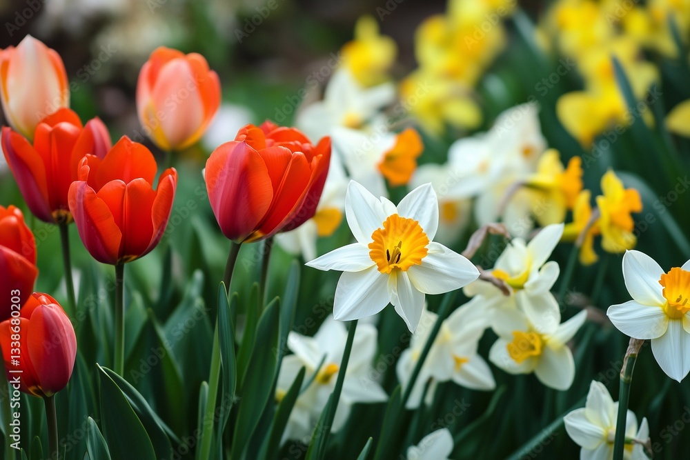 Colorful Tulips and Daffodils Bloom Together in a Vibrant Spring Garden Setting Generative AI Colorful Tulips and Daffodils Bloom Together in a Vibrant Spring Garden Setting Generative AI