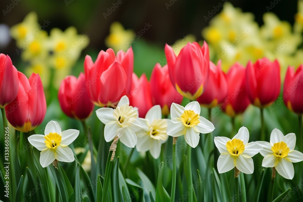 Obraz premium Colorful Tulips and Daffodils Blooming Together in a Vibrant Spring Garden Generative AI