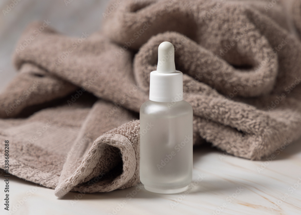 Clear glass dropper bottle with pipette near light brown bath towel closeup, natural cosmetic mockup Clear glass dropper bottle with pipette near light brown bath towel closeup, natural cosmetic mockup