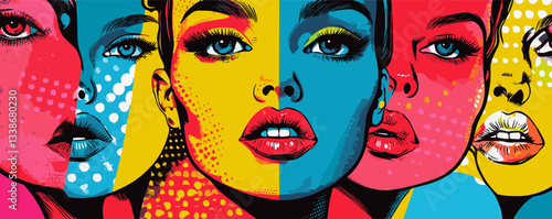 Vibrant pop art portraits of diverse women with bold colors and graphic patterns.