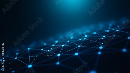 a digital network connection with glowing blue dots and lines against a dark backdrop, representing technology and the interconnectedness of data
