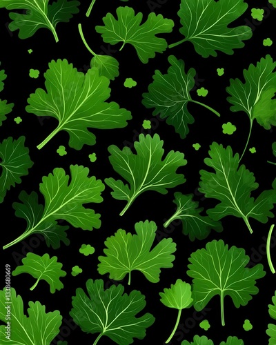 A vibrant seamless pattern showcases delicate mizuna leaves artistically arranged against a deep black background creating a sophisticated and visually appealing design perfect for