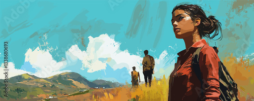 Young woman with backpack observing distant landscape, while two men stand nearby under blue sky.
