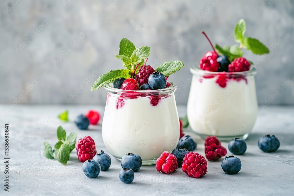 Delicious Yogurt Served in Glass Jars With Fresh Berries and Mint, Perfect for a Healthy Snack or Breakfast Option Generative AI Delicious Yogurt Served in Glass Jars With Fresh Berries and Mint, Perfect for a Healthy Snack or Breakfast Option Generative AI
