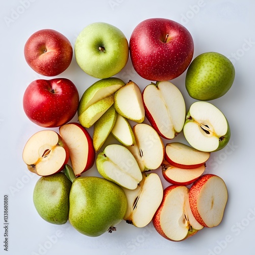 A well-balanced arrangement of red apples, green apples, and pears, sliced to reveal their crisp interiors. plain white background. 