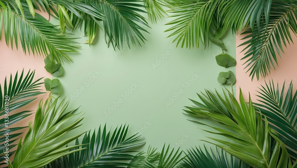Tropical palm leaves frame with vibrant green backdrop and soft pastel peach corners creating a refreshing summer theme for backgrounds. Tropical palm leaves frame with vibrant green backdrop and soft pastel peach corners creating a refreshing summer theme for backgrounds.