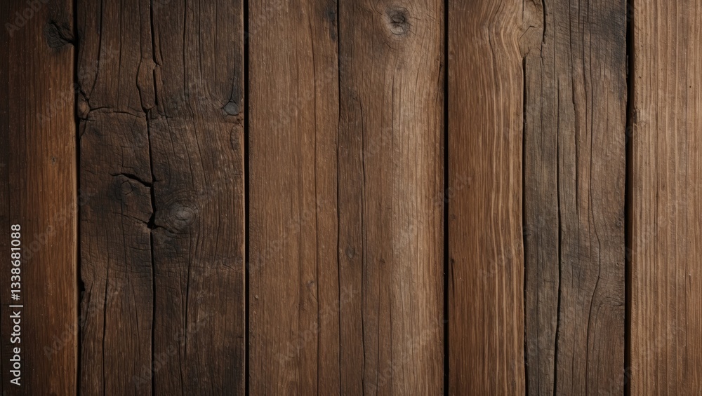 Naklejka premium Dark brown wooden planks with textured grain arranged vertically, showcasing a rustic appearance with shades of deep brown and light highlights.