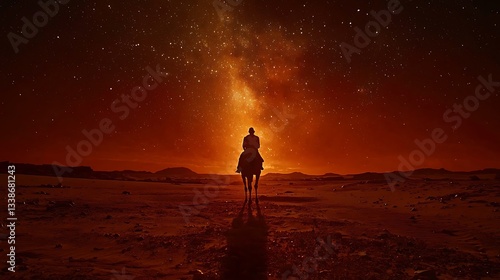 Silhouette of a lone rider on a horse under a vibrant, starry night sky