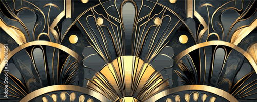 Art deco golden abstract pattern with geometric shapes and elegant symmetry.
