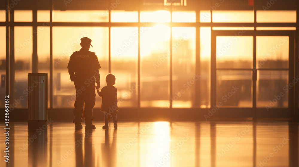 Fototapeta premium parent calming child near security checkpoint in airport during sunset, creating warm and comforting atmosphere. silhouette captures moment of connection and reassurance