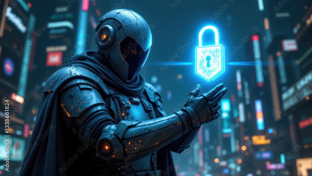 A robotic figure with a glowing lock symbolizes cybersecurity, standing amidst neon lights that suggest a cityscape at night.