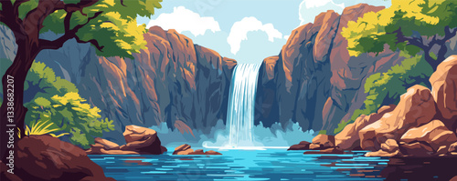 Serene mountain waterfall surrounded by lush greenery and clear blue sky in peaceful landscape.