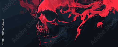 Fiery red skull with smoky flames on dark background in digital art style.