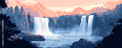 Majestic twin waterfalls in serene sunset landscape with mountains and forest.