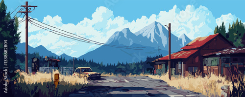 Abandoned rustic road with vintage car and empty buildings in mountainous landscape.