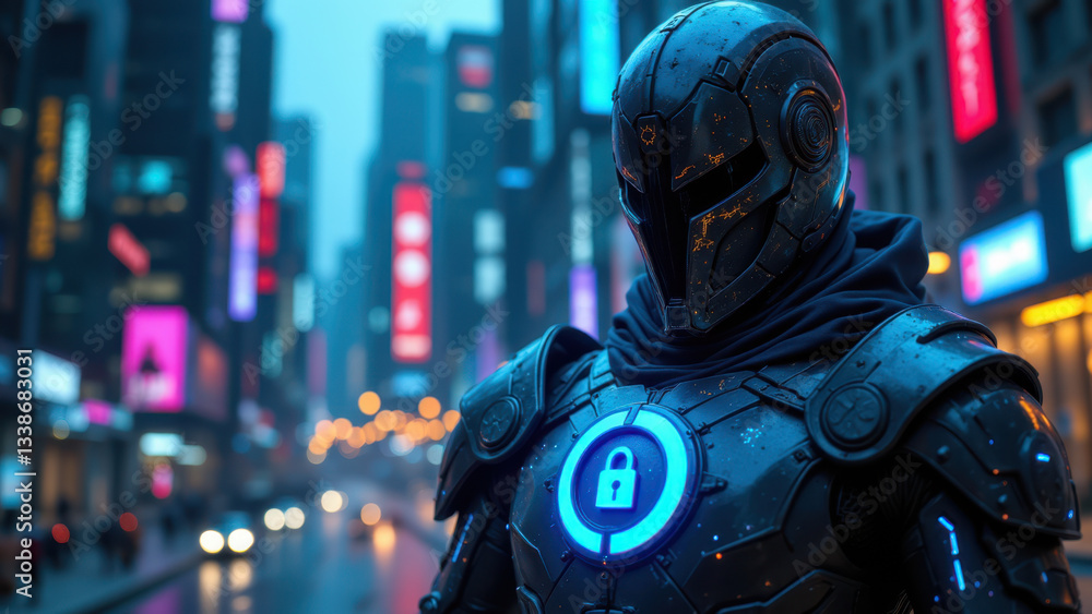 Cybersecurity expert standing amidst a bustling city nightlife, illuminated by neon lights. A blend of technology and urban life. Cybersecurity expert standing amidst a bustling city nightlife, illuminated by neon lights. A blend of technology and urban life.