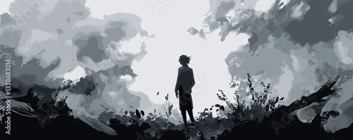 Silhouette of a young person in nature surrounded by abstract trees and foliage.