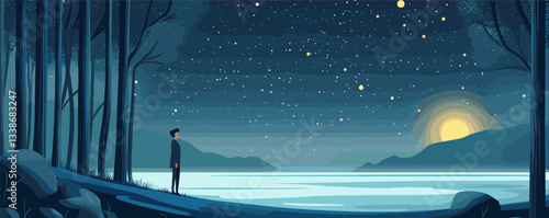 Solitary man gazing at starry night sky over serene lake in forested landscape.