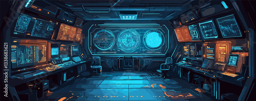 Futuristic spacecraft control room with high-tech screens and holographic displays in blue-orange hue.