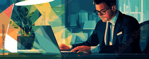 Businessman working late at office desk with laptop and abstract lighting.
