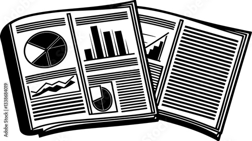 black anFinancial Report Icon: A bar chart or pie chart document, symbolizing financial reports and analysis.d white illustration
