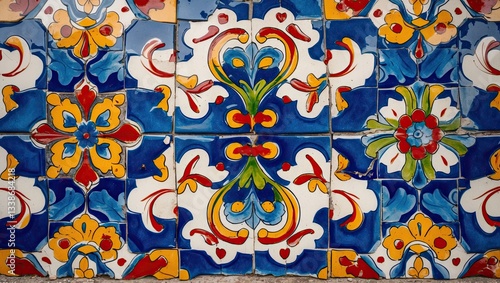 Colorful Portuguese azulejos featuring intricate floral and geometric patterns in blue, yellow, red, and white arranged in a seamless tiled design.
