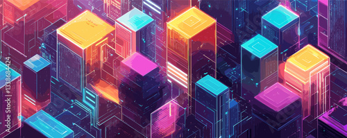 Futuristic neon cityscape with colorful digital skyscrapers at night.
