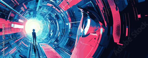 Futuristic tunnel with silhouette of person walking towards bright light in sci-fi setting.