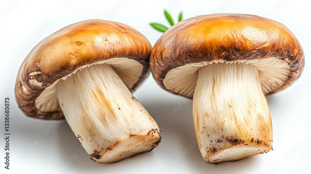 Two mushrooms are cut in half and placed on a white background Two mushrooms are cut in half and placed on a white background