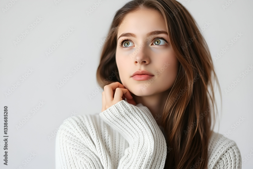 Thoughtful young woman in a cozy gray sweater looking up and touching her chin, expressing curiosity, contemplation, and deep thinking against a neutral background and representing ideas Thoughtful young woman in a cozy gray sweater looking up and touching her chin, expressing curiosity, contemplation, and deep thinking against a neutral background and representing ideas