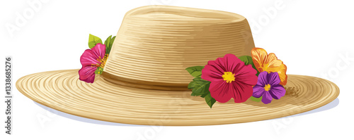 Straw hat with colorful floral decoration on white background.