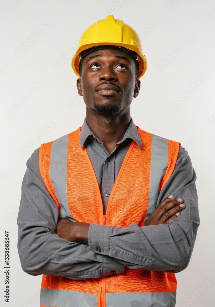 A construction worker in a yellow hat and orange safety vest stands with crossed arms, looking upwards 01 A construction worker in a yellow hat and orange safety vest stands with crossed arms, looking upwards 01