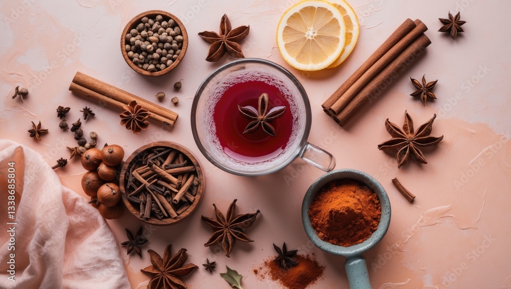 Warm mulled wine ingredients arranged on a pastel background featuring a glass mug with wine, star anise, cinnamon sticks, and spices. Warm mulled wine ingredients arranged on a pastel background featuring a glass mug with wine, star anise, cinnamon sticks, and spices.