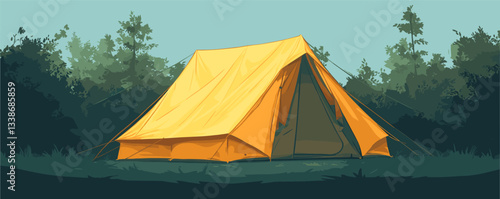 Bright yellow tent in lush green forest setting under clear blue sky.