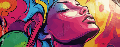 Colorful abstract portrait of woman with vibrant colors and expressive art style.