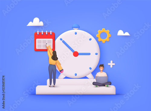 Time management on the road to success Metaphor of time management in team. Concept of multitasking performance timeline. 3D vector cartoon robot.