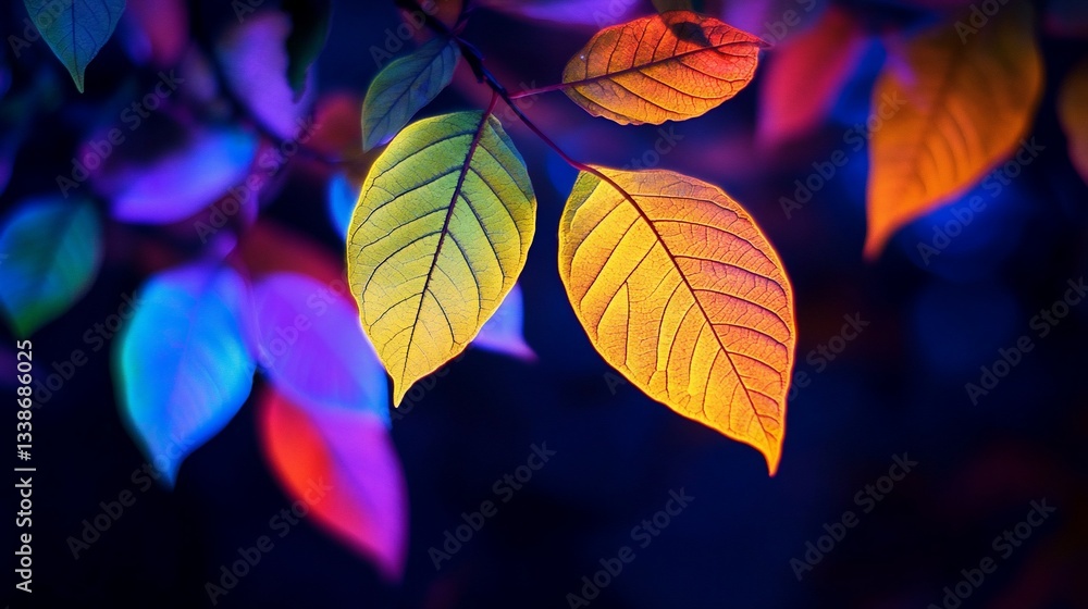 Vibrant leaves illuminated with colorful lighting effects. Vibrant leaves illuminated with colorful lighting effects.