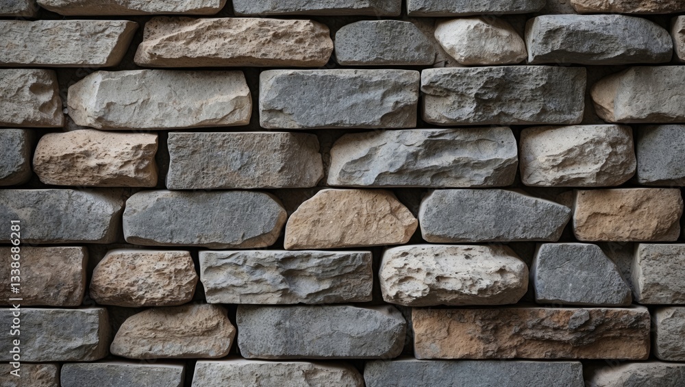 Fototapeta premium Textured stone wall featuring a blend of gray and beige stones, arranged in a staggered pattern with varying shapes and sizes for a rustic backdrop.