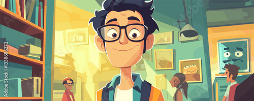 Animated young man in glasses smiling in a colorful room with bookshelves and people.