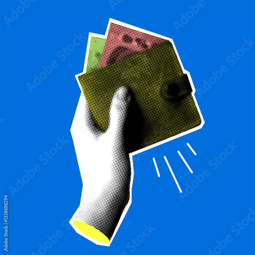 Modern collage with halftone hand holding a wallet with money sticking out of it. Concepts of finance, economics, savings and shopping.