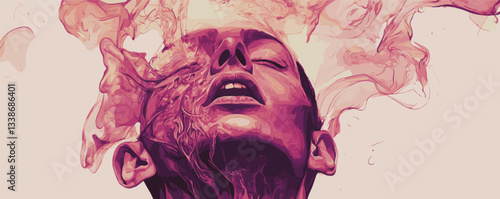 Surreal artwork of a young man with pink smoke flowing from head against light background.