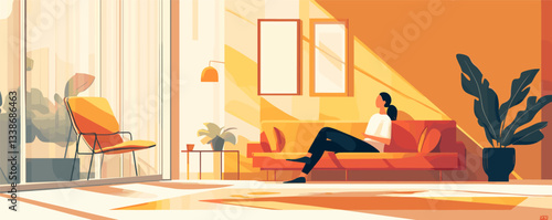 Woman relaxing in sunny modern living room with orange decor and indoor plants.