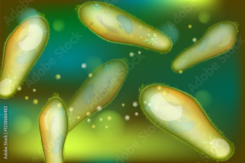 Paramecium Colony Under Microscope. Microscopic View of Protozoa in Water. Biological Illustration of Paramecium Cells. Detailed View of a Single-Celled Organism